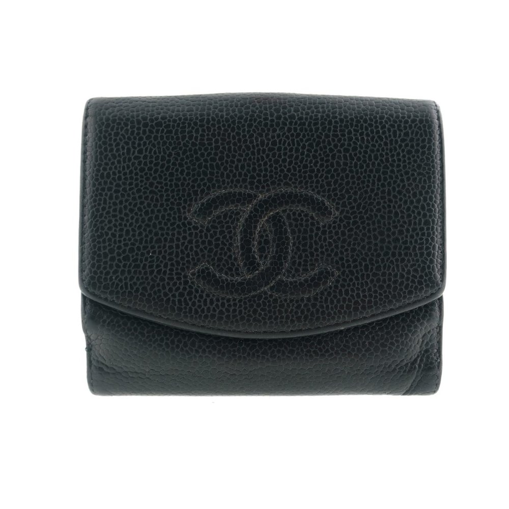 Authentic CHANEL Caviar Leather Bifold Snap Compact Clutch Wallet France
